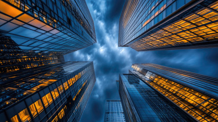A striking view of modern skyscrapers against a dramatic sky at dusk. The illuminated buildings reflect innovation and urban life in a vibrant city.の素材