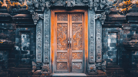Explore the beauty of intricate wooden doors adorned with stunning carvings at an ancient temple, showcasing the rich cultural heritage of Indonesia.の素材
