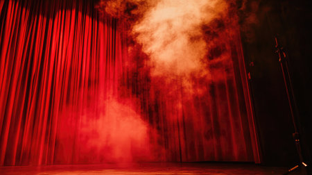 A captivating red curtain enveloped in smoke, creating a dramatic atmosphere on a theater stage, ideal for representing performing arts and theatrical events.の素材