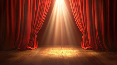 A captivating theater scene features rich red curtains illuminated by a spotlight, creating a dramatic ambiance perfect for performances or events.の素材