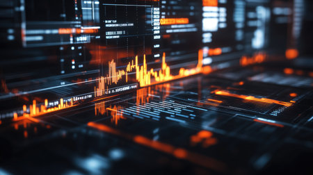 A striking abstract image showcasing data visualization with vibrant orange and black colors, representing digital analytics and modern technology insights.の素材