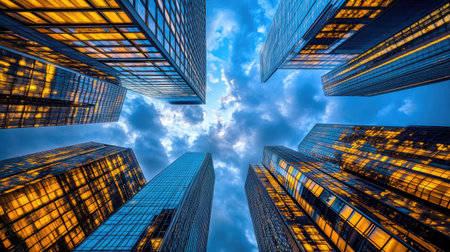A striking view of towering skyscrapers reflecting golden light against a dramatic blue sky with clouds, showcasing modern urban architecture and design.の素材