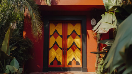 A vibrant entrance showcasing a colorful geometric doorway, surrounded by lush tropical plants, perfect for modern architectural themes and outdoor beauty.の素材