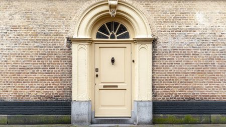 Charming yellow door set against an aged brick wall, showcasing beautiful architectural details. A perfect capture of vintage residential elegance.の素材