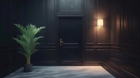 A stylish interior featuring a dark room with elegant decor, a simple door, a wall-mounted light, and a single lush plant enhancing the ambiance.の素材