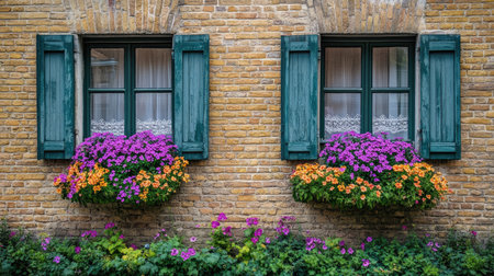 A picturesque view of a rustic house window adorned with vibrant flower boxes. The colorful blooms bring charm and beauty to the brick wall setting.の素材