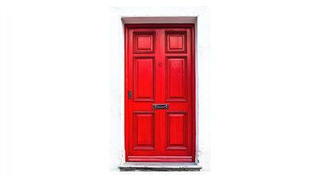 A striking bright red door with classic panel design, framed in white. This image captures the charm and appeal of a vibrant entrance to any home.の素材