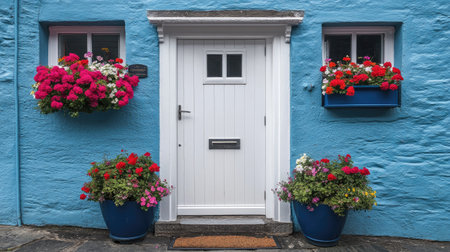 A picturesque blue door framed by vibrant flower pots creates an inviting entrance. Ideal for showcasing charming architecture and beautiful summer decorations.の素材
