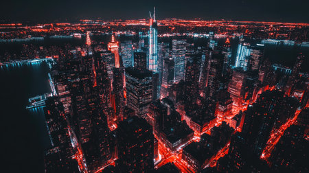 A stunning night cityscape showcasing skyscrapers illuminated by neon lights. This high-angle view reveals a vibrant urban landscape filled with energy.の素材