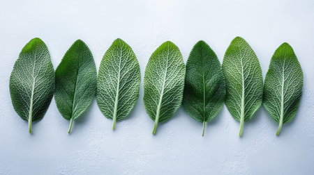 A stunning display of fresh green sage leaves arranged neatly. Perfect for culinary projects, food styling, or botanical themes. Vibrant and healthy.の素材