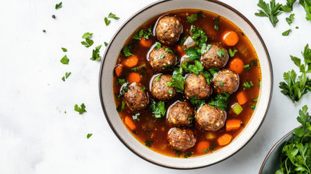 A bowl of hearty matzah ball soup featuring tender carrots and fresh herbs, perfect for a comforting meal during any season. Enjoy this savory dish!の素材