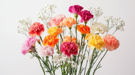A vibrant bouquet of colorful carnations in various shades, perfect for brightening any space or celebration. These fresh blooms symbolize beauty and joy.の素材