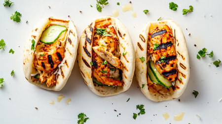 A close-up view of three stuffed arepas filled with flavorful grilled ingredients and vegetables, showcasing vibrant colors and textures perfect for any meal.の素材