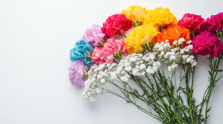 A vibrant arrangement of colorful carnations showcases their beauty on a clean white background. Perfect for celebrations or floral decor.の素材