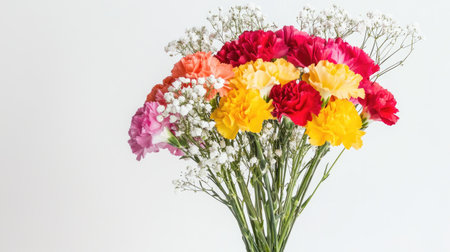 A stunning bouquet featuring colorful carnations and delicate babyの素材