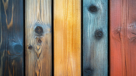 A close-up view of a weathered wooden wall showcasing various textures and colors, perfect for backgrounds or rustic design inspirations.の素材