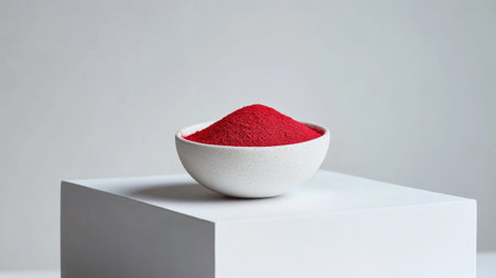 A small white bowl filled with vibrant red powder rests on a clean white surface, creating a minimalist and artistic display perfect for culinary themes.の素材