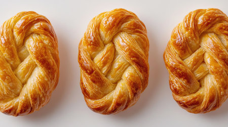 Three golden brown empanadas arranged neatly on a white background. Each pastry features a flaky texture, perfect for any meal or snack occasion.の素材