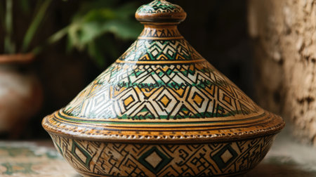 Explore the intricate design of a traditional Moroccan tagine pot, showcasing vibrant colors and craftsmanship. Perfect for culinary enthusiasts and cultural representation.の素材