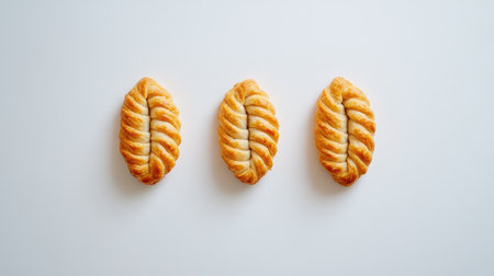 A minimalist shot featuring three golden brown empanadas on a clean surface, showcasing their flaky texture and inviting appearance. Ideal for food-related content.の素材