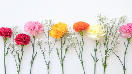 This image showcases a vibrant arrangement of fresh carnations in various colors, set against a clean white background, perfect for floral design inspiration.の素材
