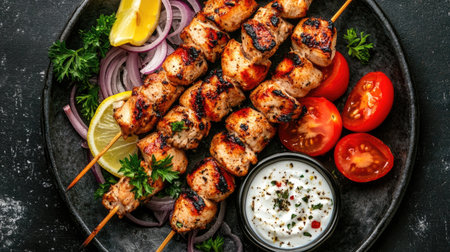 A delicious plate of grilled chicken skewers served with fresh vegetables, lemon wedges, and a creamy dip. Perfect for parties or family gatherings.の素材