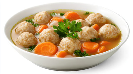Enjoy a delicious bowl of matzah ball soup featuring tender balls, carrots, and fresh parsley, perfect for a comforting meal any day.の素材