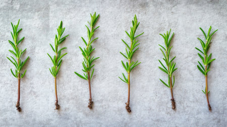 A detailed close-up shot of young rosemary seedlings arranged on a textured surface, showcasing their vibrant green leaves and natural beauty. Perfect for gardening and culinary themes.の素材