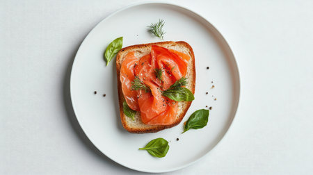A minimalist presentation of an open-faced smoked salmon on toast. Fresh basil and dill enhance the visual appeal of this simple yet elegant dish.の素材