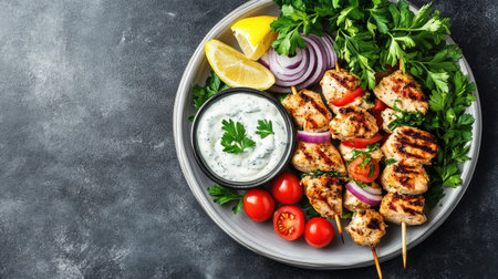 Discover a vibrant plate of grilled chicken skewers garnished with fresh vegetables and herbs, perfect for a healthy meal or outdoor gathering.の素材