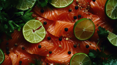 A stunning close-up shot of thinly sliced salmon garnished with fresh herbs and lime. This vibrant arrangement showcases the beauty of gourmet seafood, perfect for culinary presentations.の素材