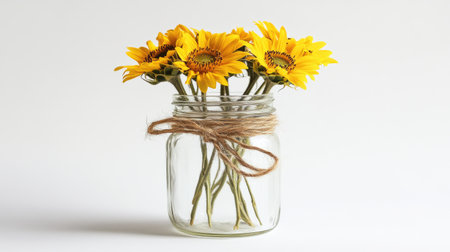 A charming arrangement of bright sunflowers in a glass jar, tied with twine, perfect for home decor or as a cheerful gift. Brighten up any space!の素材