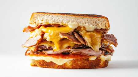 A hearty Portuguese sandwich featuring layers of melted cheese and various meats on toasted bread, making it a delicious meal option for any occasion.の素材