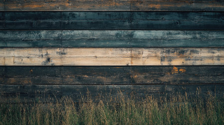 A detailed photograph showcasing a rustic horizontal wooden wall, blending earthy tones with a hint of grass at the bottom. Perfect for nature and design themes.の素材