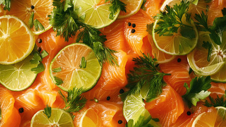 Discover a vibrant close-up of sliced salmon surrounded by fresh herbs and citrus. This colorful arrangement is perfect for showcasing culinary creativity!の素材