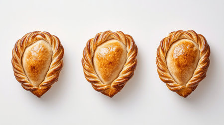 A beautiful arrangement of three golden pastries, showcasing an elegant design, perfect for any food photography project or culinary presentation.の素材