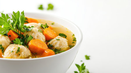 A close-up of a bowl filled with matzah ball soup, featuring tender carrots and fresh parsley, perfect for a comforting meal or traditional celebration.の素材