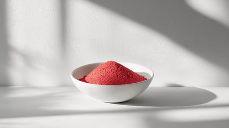 A pristine white bowl filled with vibrant red powder sits elegantly on a clean surface. This minimalist composition highlights color and texture, perfect for culinary or artistic themes.の素材