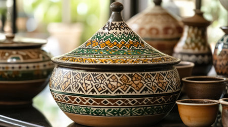 This stunning Moroccan tagine features intricate geometric designs and vibrant colors, showcasing traditional craftsmanship and rich cultural heritage. Perfect for culinary art.の素材