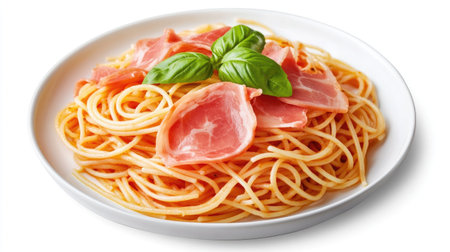 A simple yet flavorful spaghetti dish featuring sliced ham and fresh basil. Perfect for any meal, this pasta plate is a delightful combination of taste and presentation.の素材
