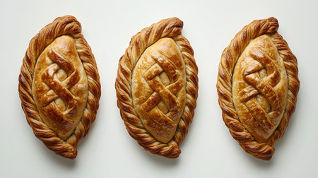 A visually appealing arrangement of three golden brown pastries, showcasing intricate crust designs and tempting textures on a clean white surface. Perfect for any culinary or food-related project.の素材