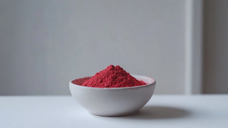 A small white bowl filled with bright red powder, creating a striking contrast. Ideal for culinary uses and minimalistic design settings.の素材