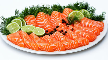 A beautiful presentation of fresh sliced salmon on a platter, garnished with parsley and lime. Perfect for gourmet meals, appetizers, or catering events.の素材
