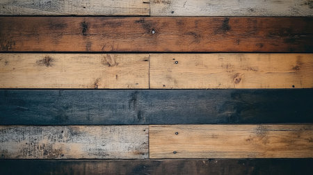 A close-up view of wooden wall panels featuring six horizontal boards in varying brown and black hues, showcasing rich textures and rustic charm.の素材