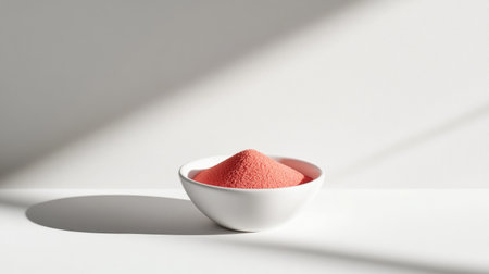 A small, neat white bowl filled with vibrant red powder, creating a stunning visual contrast against a clean background. Ideal for culinary and artistic uses.の素材