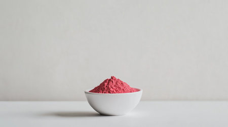 A simple white bowl filled with vibrant bright red powder creates a striking visual. Ideal for food styling, presentations, or creative culinary projects.の素材