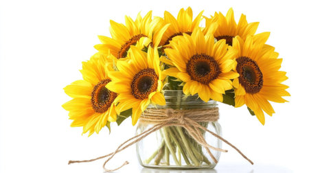 A beautiful arrangement of bright sunflowers in a glass jar, showcasing their vibrant colors and cheerful blooms. Perfect for home decor or as a gift.の素材