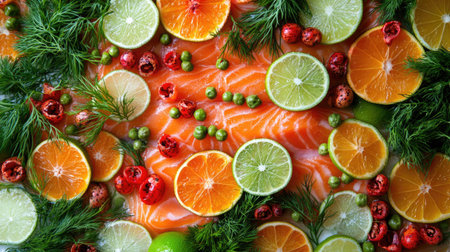 A beautifully arranged plate featuring sliced salmon on a bed of fresh parsley, topped with vibrant lime and orange slices, offering a colorful and healthy presentation.の素材