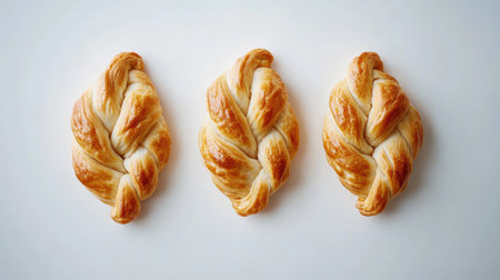 A visually appealing image of three golden brown empanadas with a perfectly braided design. Ideal for showcasing delicious pastries in food-related content.の素材