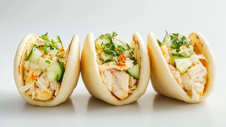 Enjoy three delicious arepas filled with a savory blend of chicken, cheese, and fresh cucumber. Perfect for a snack or meal, these bites are both flavorful and satisfying.の素材